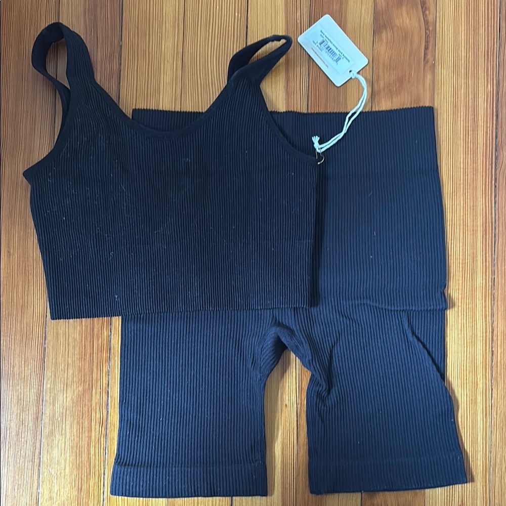 Bare Necessities Black Ribbed Bralette and Shorts Set Activewear, S